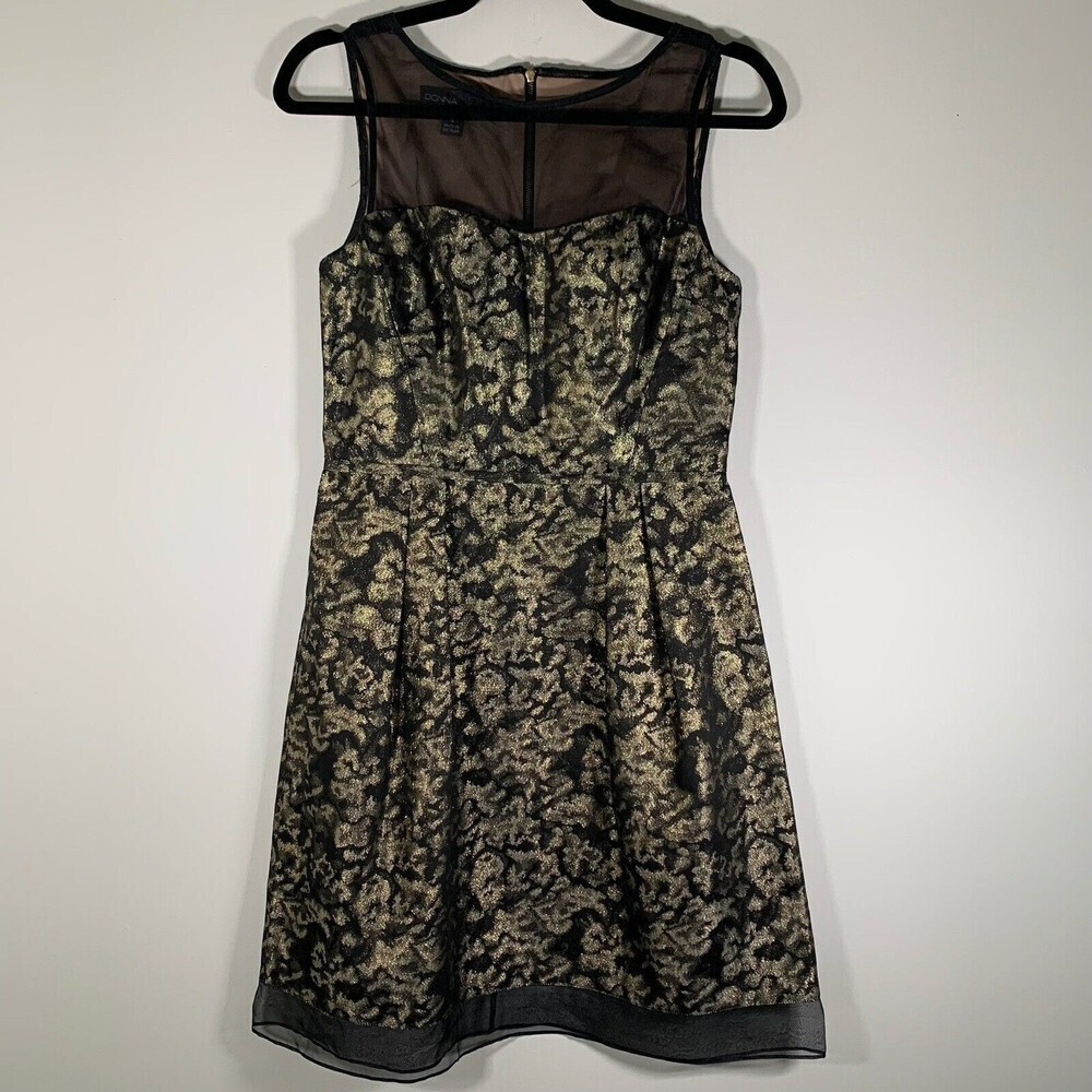 Donna Ricco Dress Women’s 4 Black Metalic Gold Mesh High Neck Fit + Flare